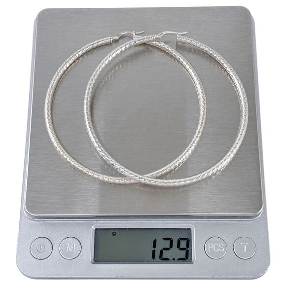 Estate Italy Sterling Silver 925 7cm Textured Hoop Earrings - Picture 7 of 7